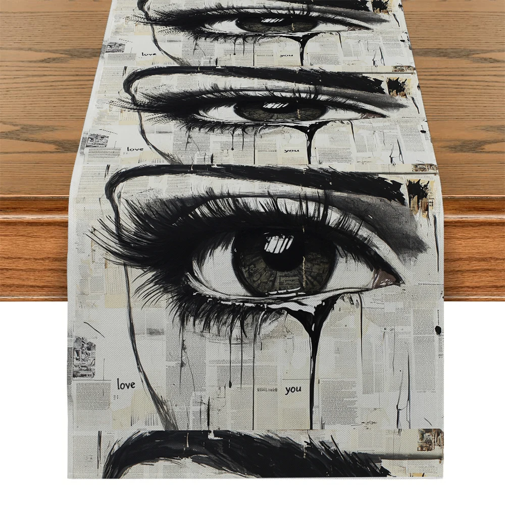 Eyes Face Newspaper Text Table Runners Kitchen Table Decoration Washable Dining Table Runner Wedding Party Decorations