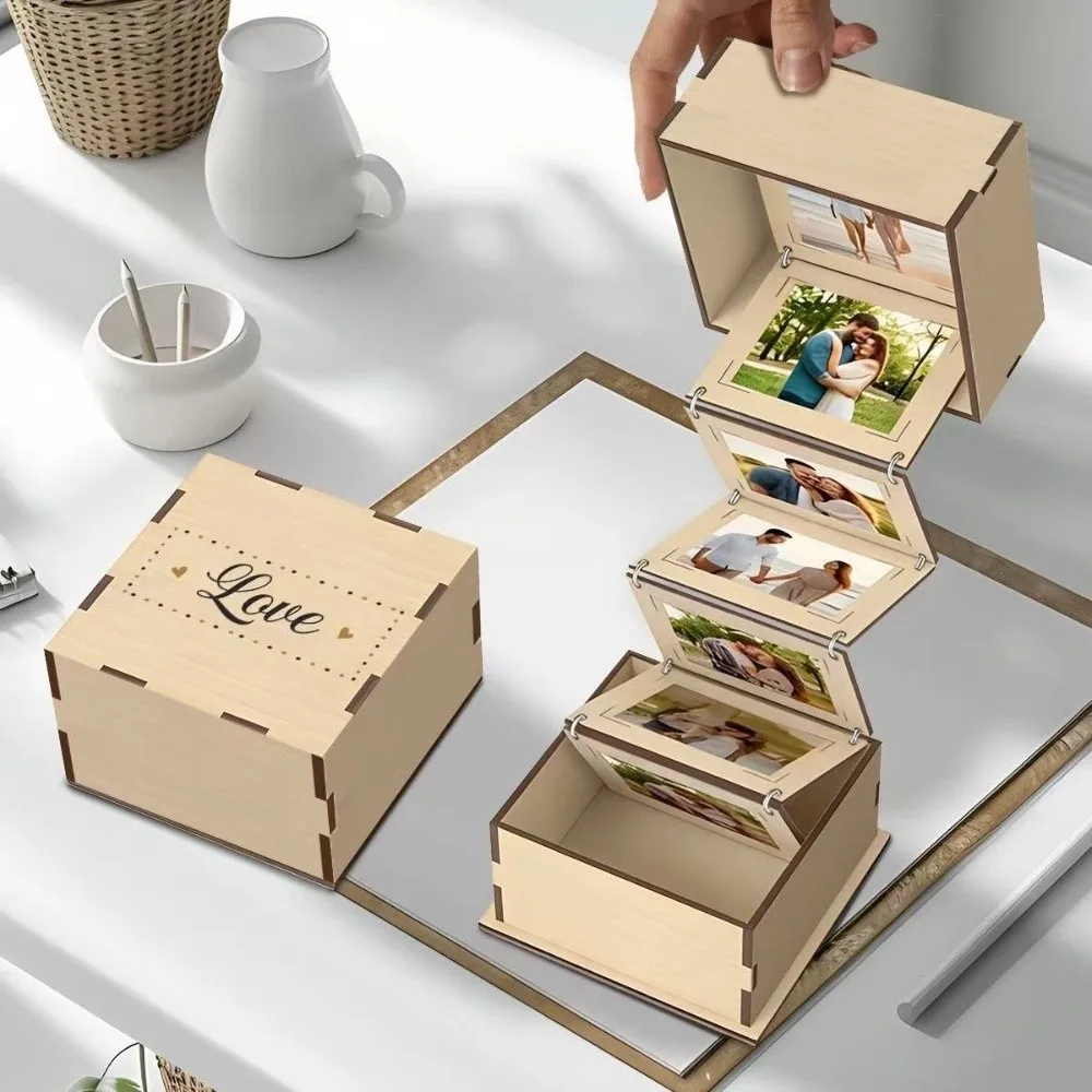 Practical Folding Wooden Photo Storage Box Vintage Rustic Flip Cover Memory Box Handmade Pull Out Photo Album Birthday Gift