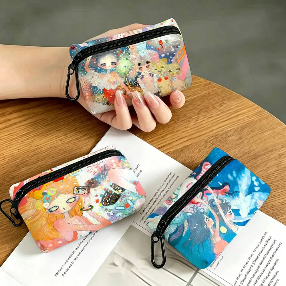 A-Aya-Takano Surreal-Vibrant Lightweight Oxford Fabric Coin Purse Carabiner Hook Design Mini Card Key Organizer Bag