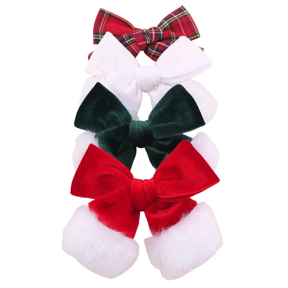 4 pcs Christmas Hair Bows for Little Girls Baby Mom Velvet Santa Bow Hair Clips Xmas Plaid Red Green Hair Bow Accessories Gift