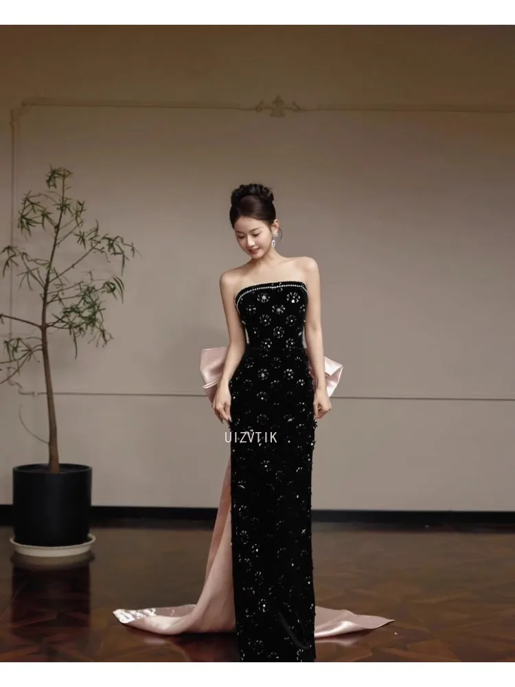 فستان سهرة طويل للنساء أسود بأكمام قابلة للانفصال حورية البحر ثوب مسائي فاخر بفيونكة كبيرة طول الأرض لؤلؤ فساتين لحضور الحفلات الموسيقية