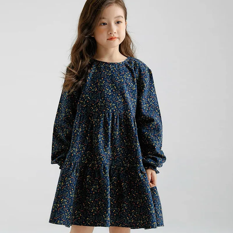 Girls Floral Dress Cotton Long Sleeve Pleated Casual Swing Dresses A-Line Knee Length Vestidos for Kids 4-16 Years