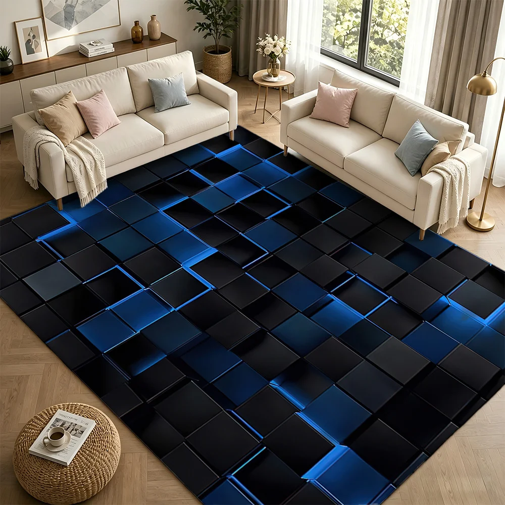 3D Glowing Blue Carpet Black Cube Rug Modern Living Room Coffee Table Floor Mat Matrix Geometric Illusion Home 2D flat Doormat