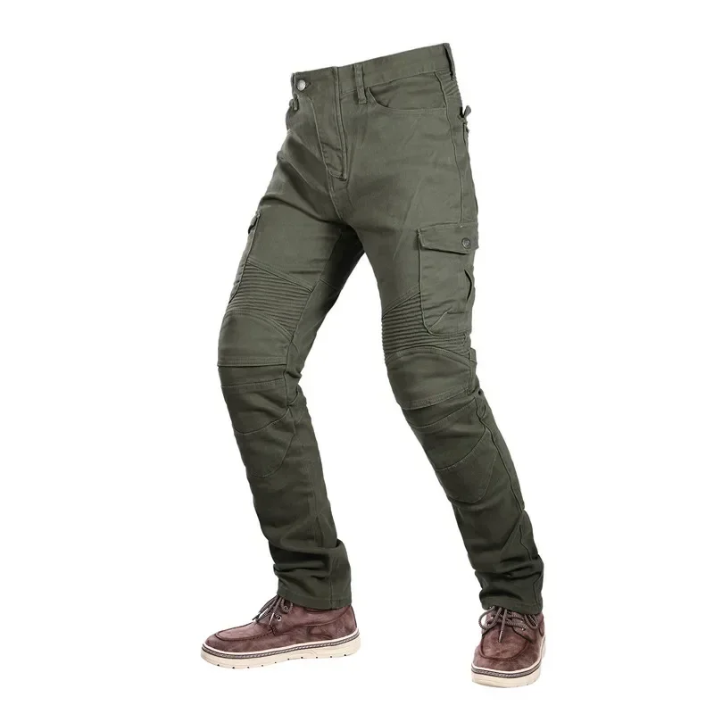 UGB06 Winter Velvet Motorcycle Leisure Motocross Jeans Multi-pocket Belt Cargo Slim Pants With Obscure Protective Gears Hip Pads