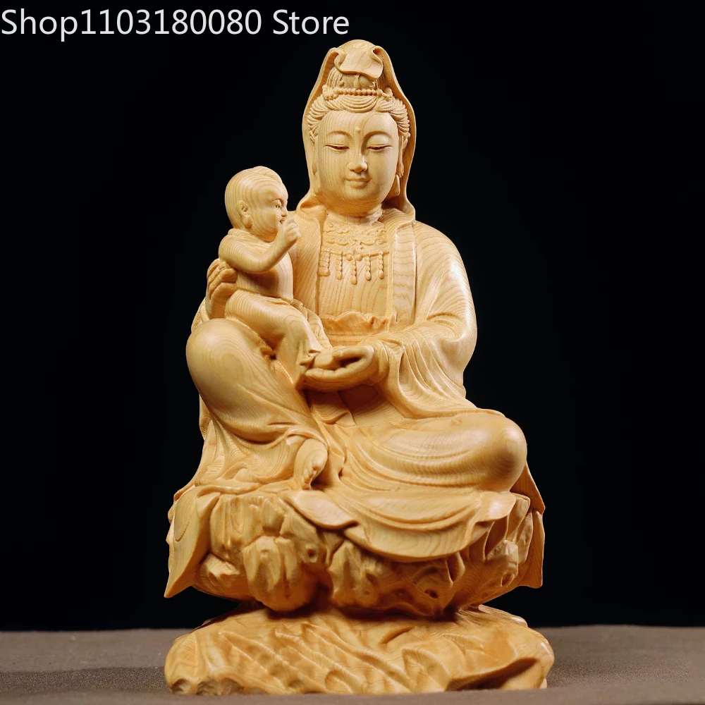 Hand Carved Cypress & Boxwood Songzi Guanyin Statue Goddess of Fertility Wooden Buddha sculpture Altar Decor,20cm,15cm