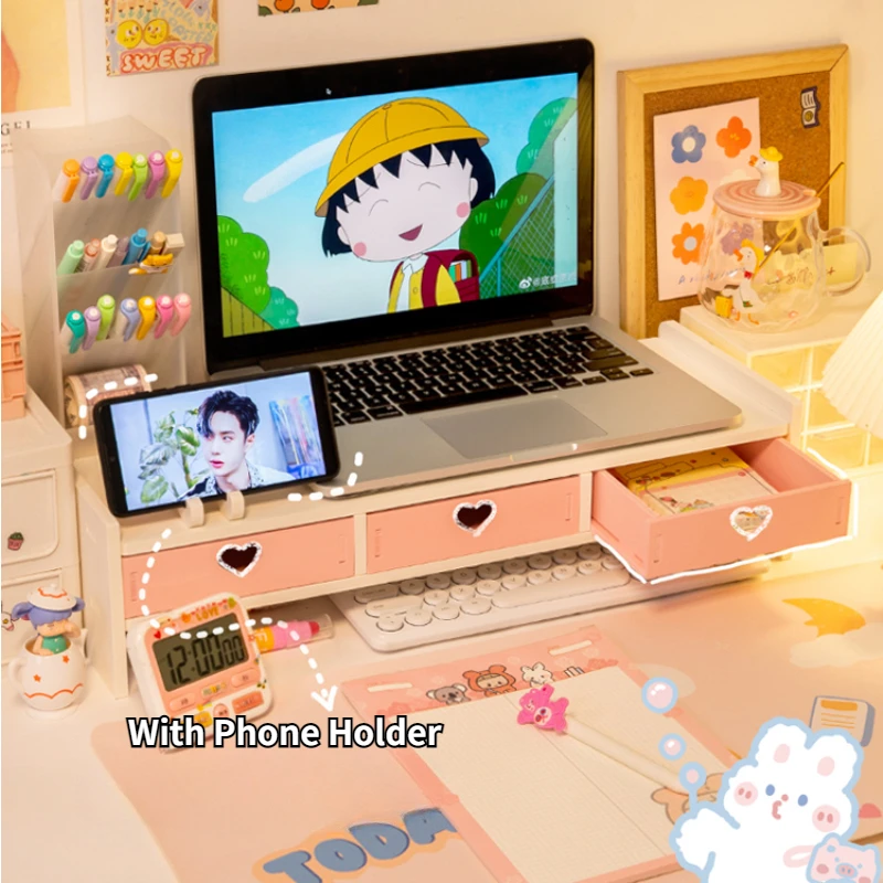 Kawaii Desktop Monitor Stand Wooden Computer Laptop Elevated Stand with Drawers Desk Storage Organizer Pink Cute Monitor Stand