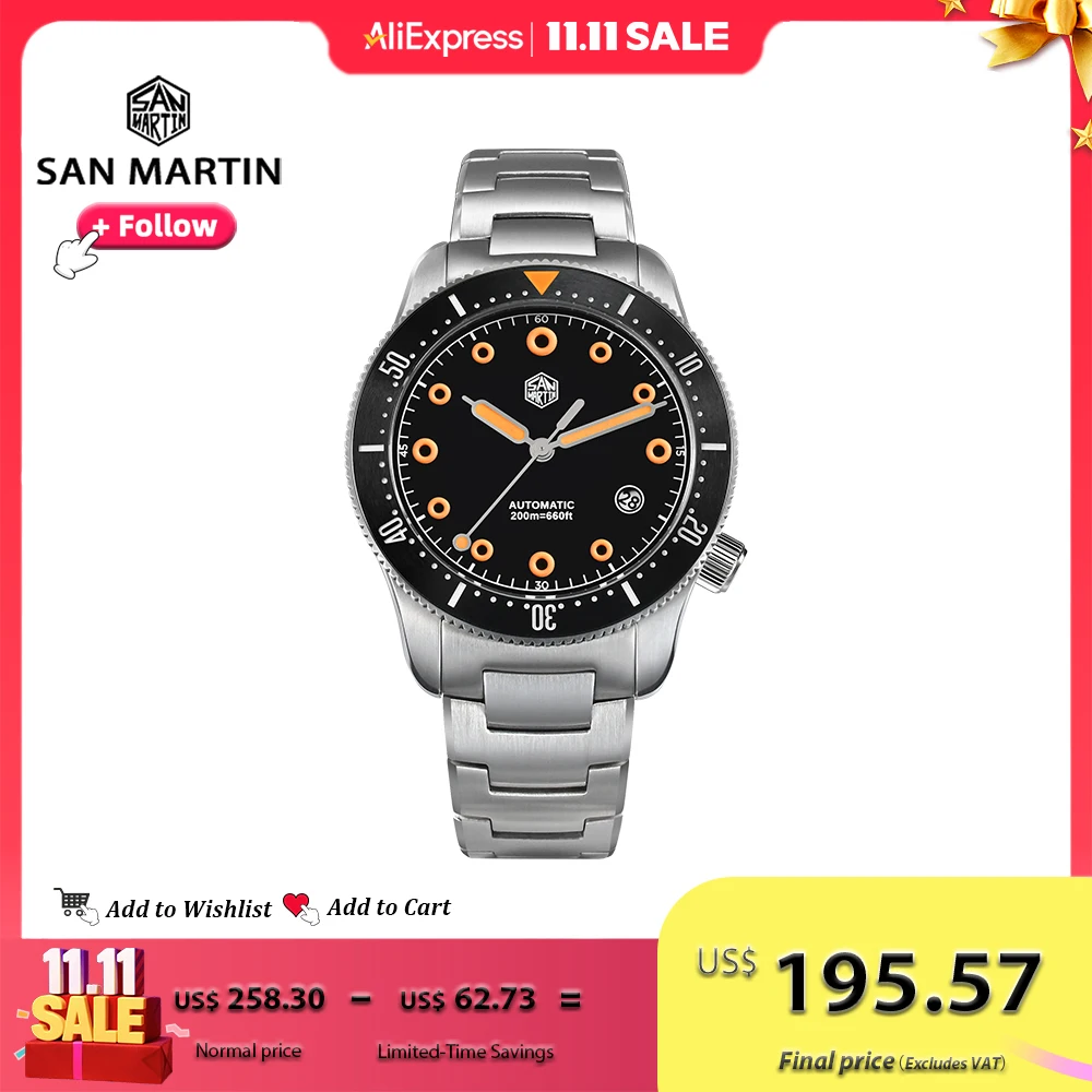 산 마틴 39.5mm 남자 다이버 시계 YN55 자동 기계식 오리지널 디자인 시계 사파이어 방수 200M 빛나는 SN0142