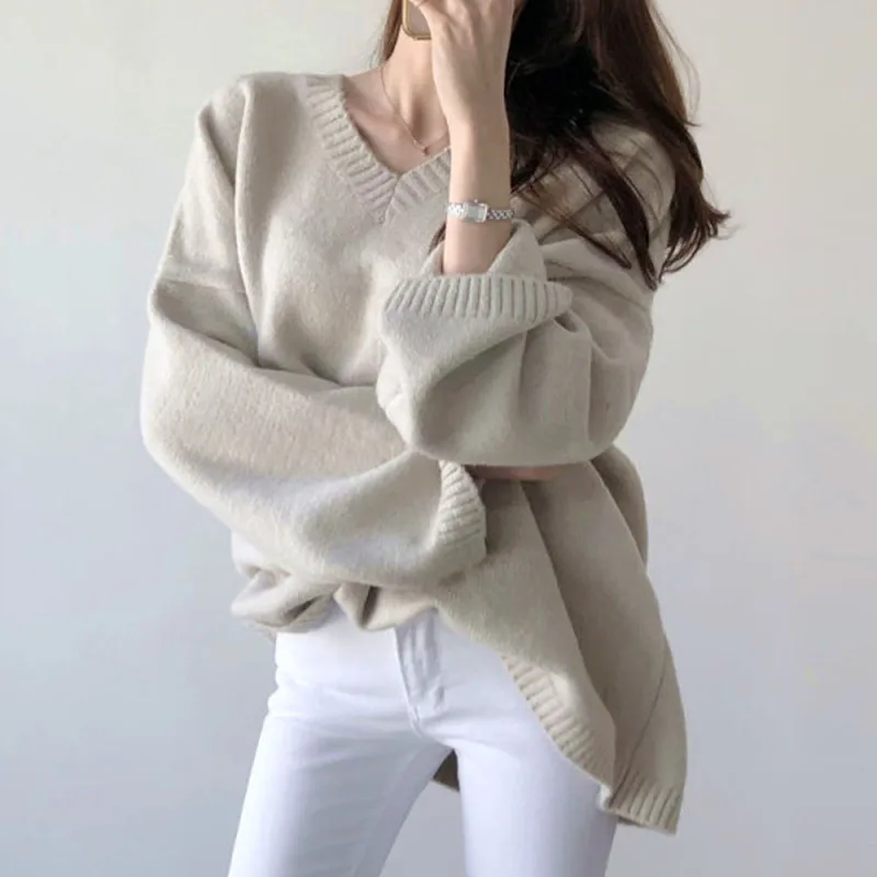 

Lazy Style Loose Sweater For Women's Autumn Winter 2023 New Korean Vintage V-neck Base Knit Pull Top Pullovers Femme свитер