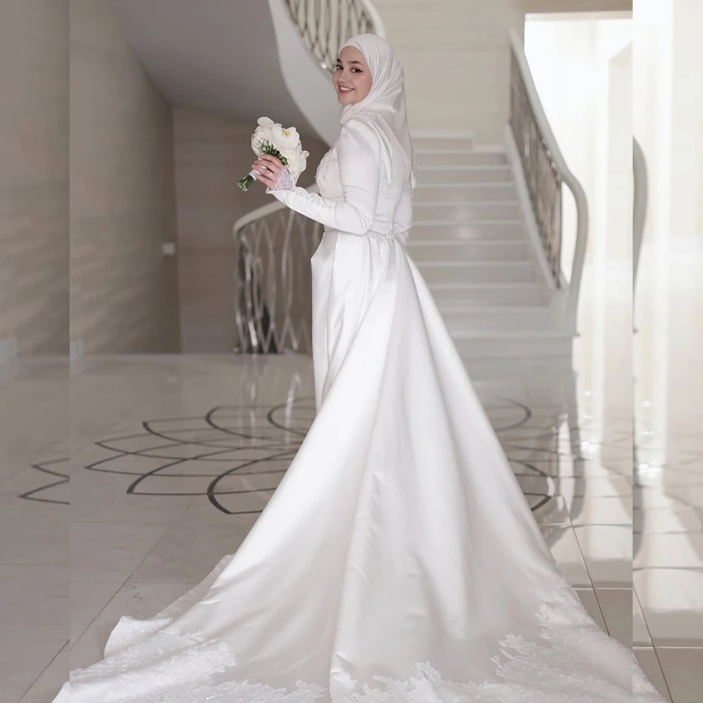 

Muslim Wedding Dresses Long Sleeve High Neck Mermaid Sweep Train Appliques Church Bridal Gown Customized Vestidos De Novia