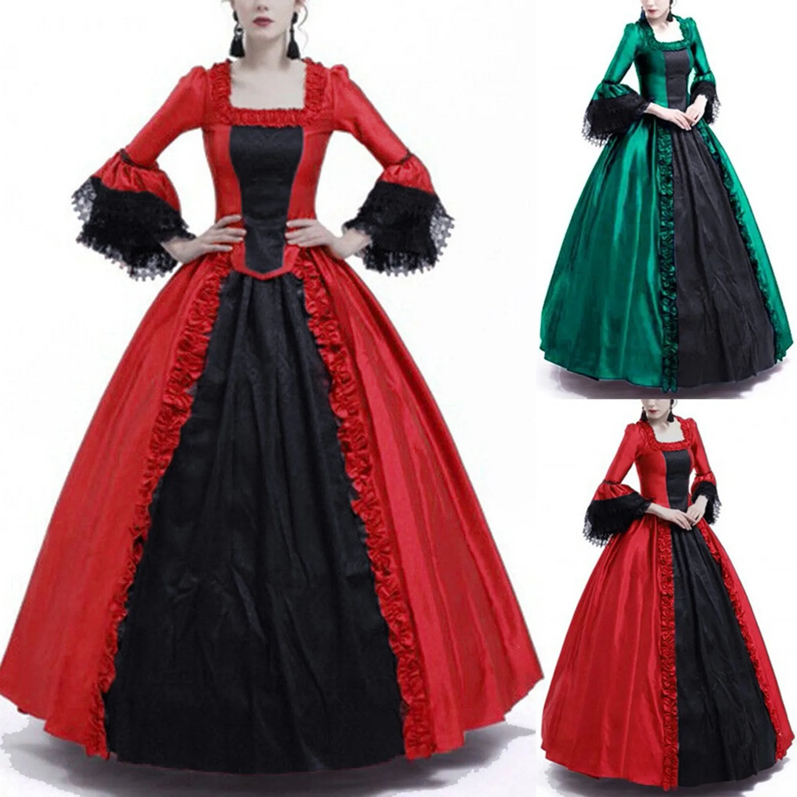 

Women's Steampunk Vintage Lace Patchwork Large Bell Sleeve Medieval Gown Dresses Plus Size Gothic Elegant Square Neck Dress