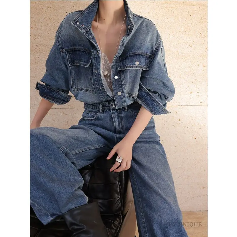 Retro Fashion Versatile Denim Jumpsuit Women'S New Korean Version Stand Up Collar Distressed Wide Leg Pants