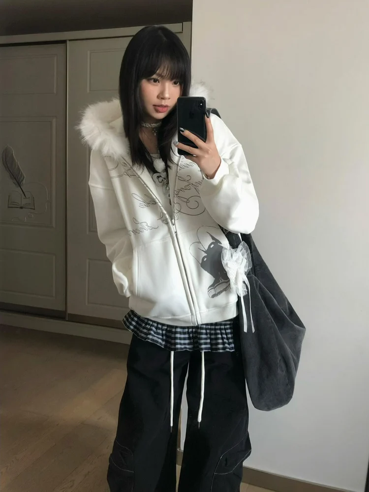 

Американский ретро-кардиган с меховым воротником и капюшоном, унисекс, в стиле лэйзи-субкультуры, повседневный, свободный, для пар