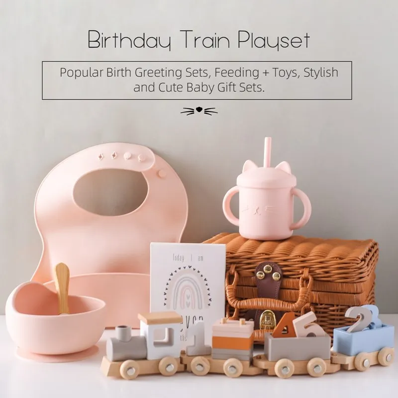 Baby Retro Train Toy Set Silicone Bib Birthday Train Learning Drinking Cup Set Baby Birth Memorial Set Photography Props Gifts