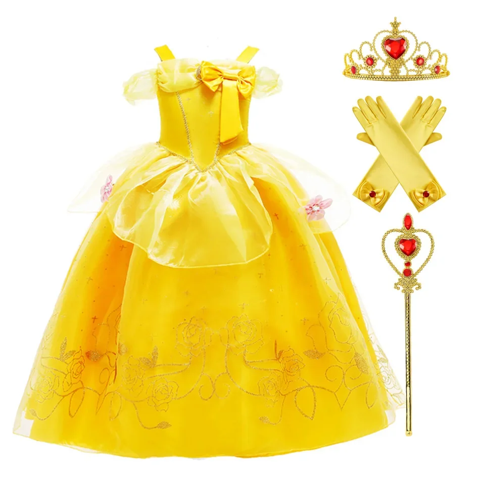 Belle Costume Girl Beauty and Beast Dress Kids Birthday Flower Clothes Children Dinner Costume Cosplay Halloween Disguise