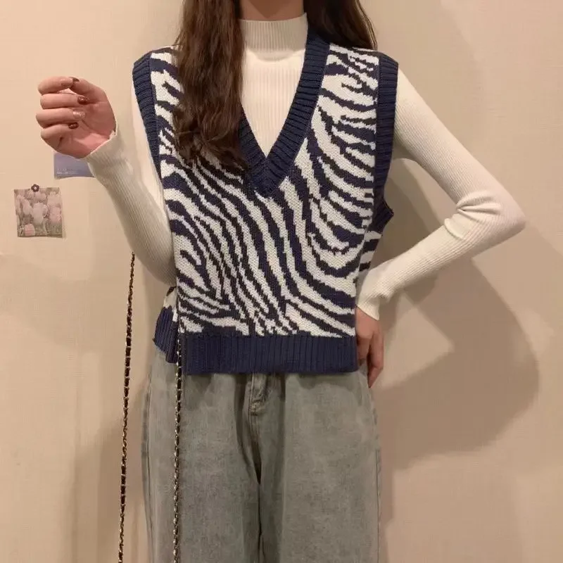 Chaleco de punto con estampado de cebra para mujer, suéter sin mangas con cuello en V, prendas de vestir exteriores a la moda, chaleco suelto para primavera, Otoño e Invierno