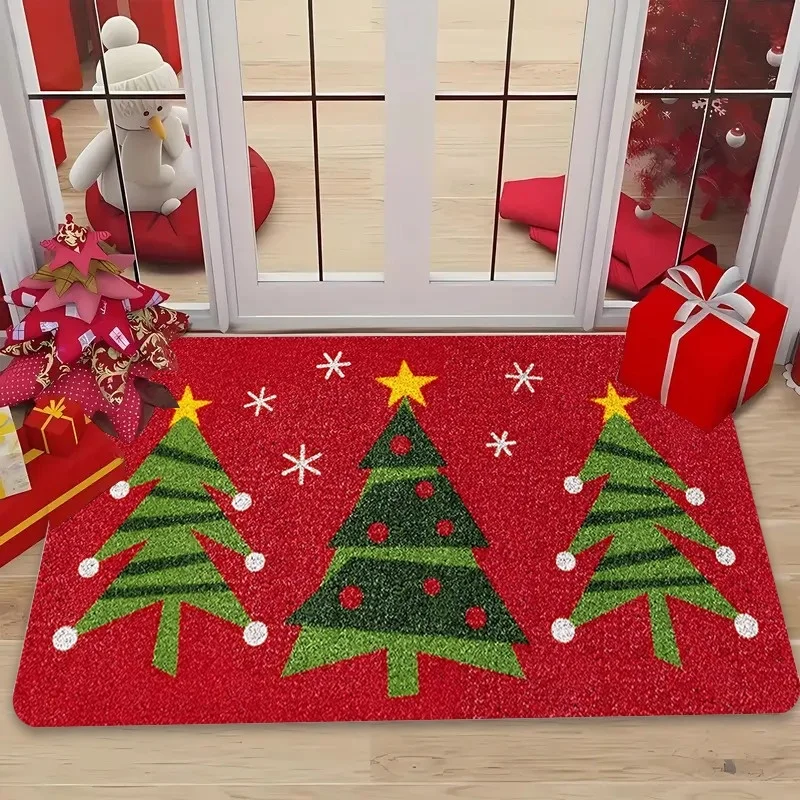 ممسحة عيد الميلاد الاحتفالية بخلفية حمراء وشجرة خضراء، سجادة مستطيلة من البوليستر المتين لديكور المطبخ في غرفة المعيشة #4