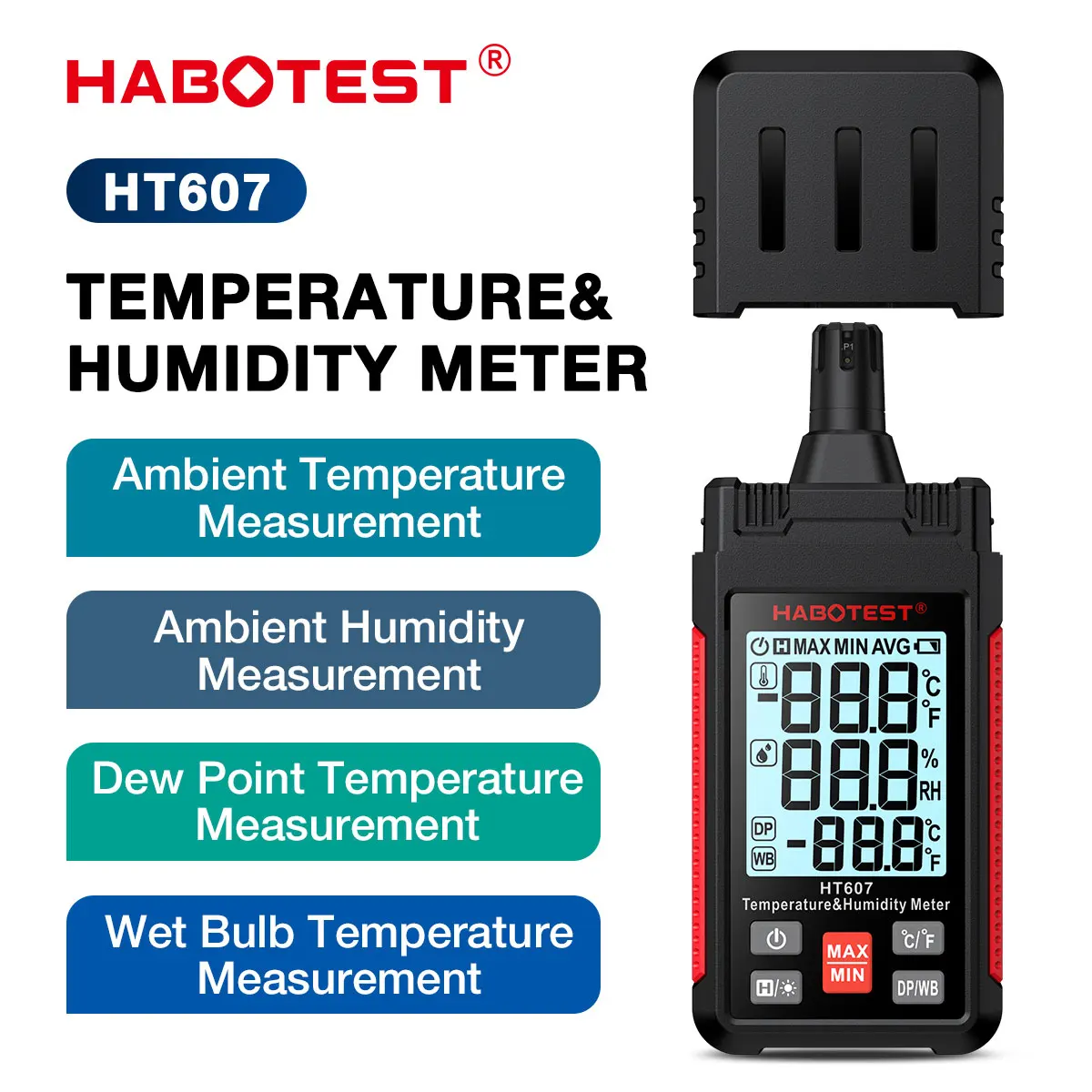 HABOTEST HT607 Digital Temperature Humidity Meter High Precision Digital Hygrometer with Ambient Dew Point Humidity Meter