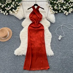 Sexy Halter Backless Pleated Dress Chic Vintage Fashion Evening Women Summer Slim Sweet Pencil Dresses