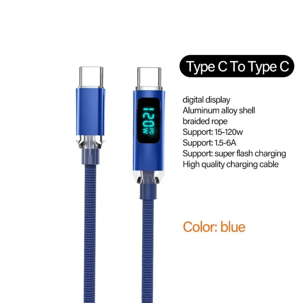 PD120W USB Type C Cable to USB C 6A Fast Charging Charger Data Cord For OPPO Realme Huawei Poco Samsung iPhone15 16 Display Wire