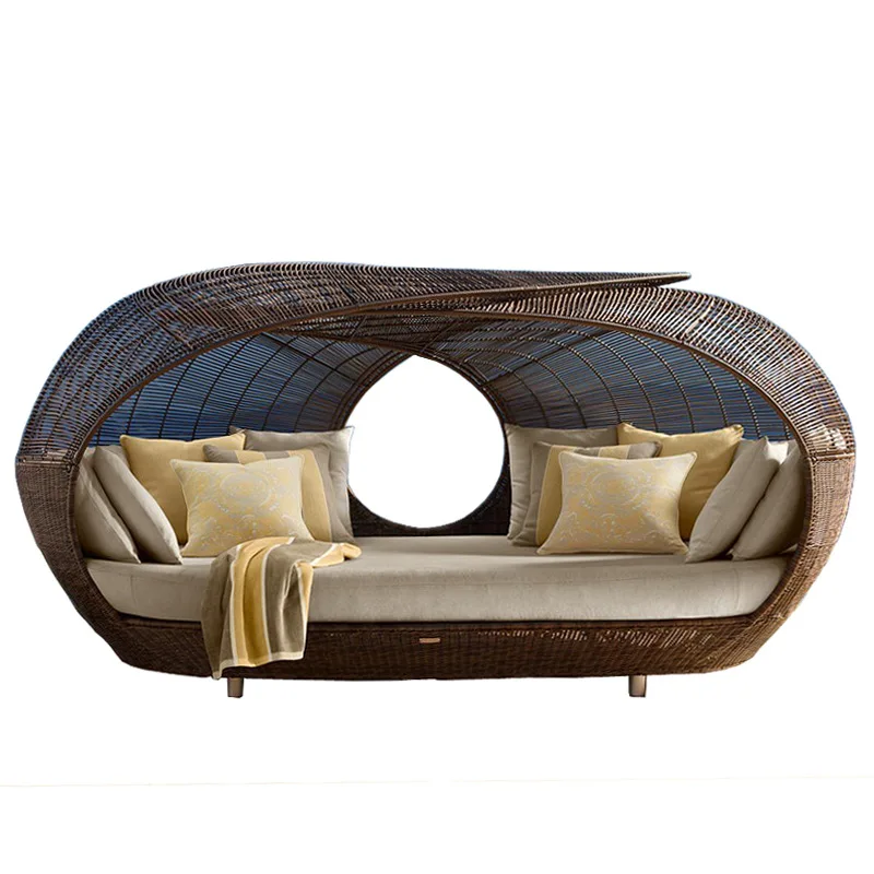 kv-Outdoor Hot Sale Good Quality Half Round Rattan Daybed Wicker Patio Furniture Daybed With Soft Cushion/garden Sunbed&