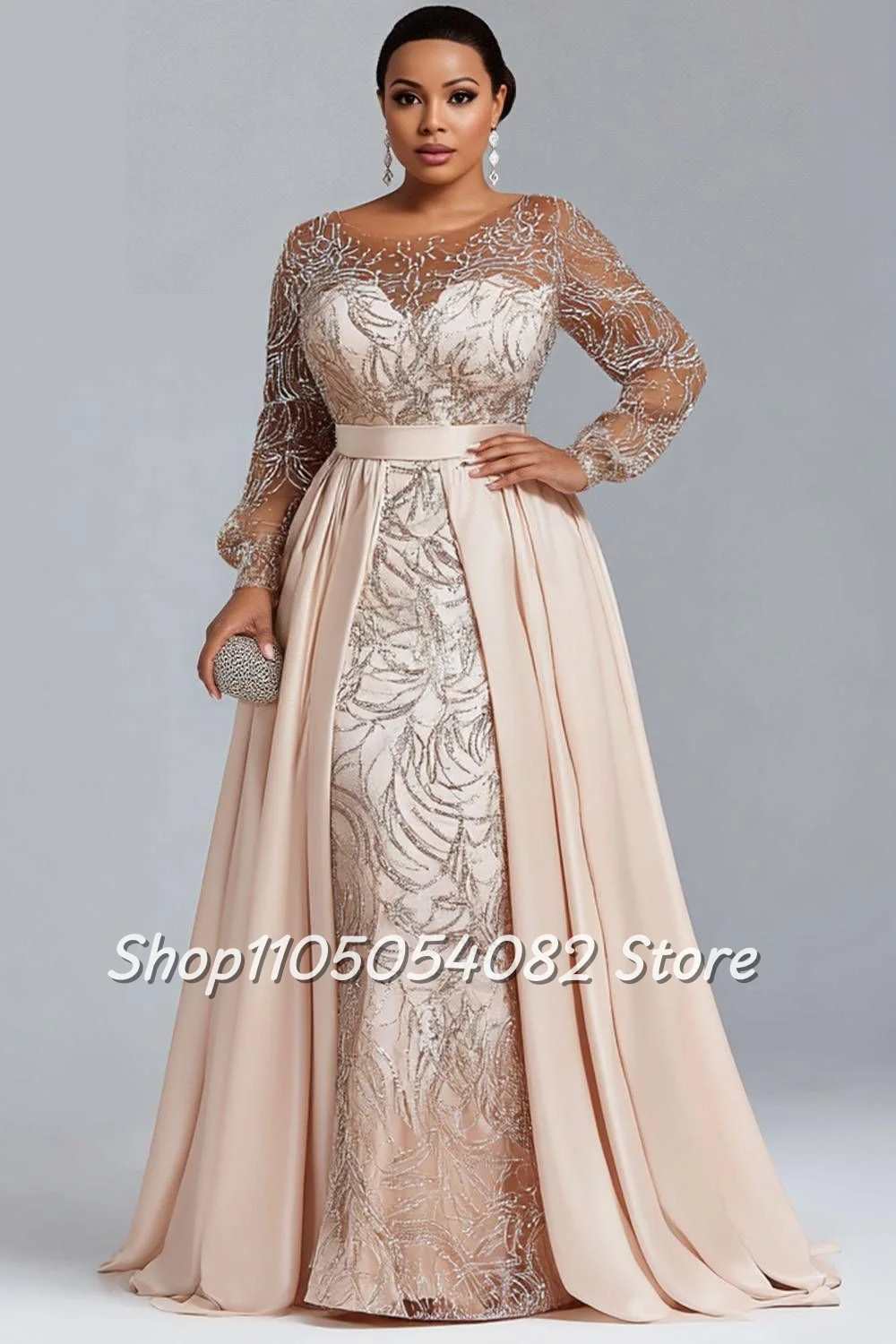 Customized Luxurious Shimmering Round Neck Mother of the Bride Dress Long Sleeve Beaded A-Line Hem Bridal Mother Dress