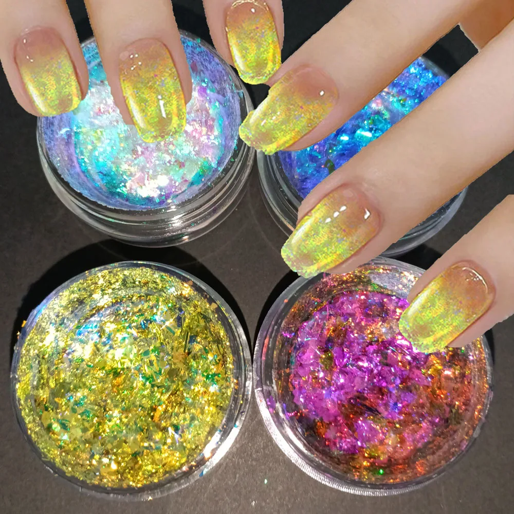 1Box Aurora Chameleon Opal Flakes Nail Powder Holographic Iridescent Cloud Brocade Slice Flake Manicure Rub Dust Mermaid Glitter