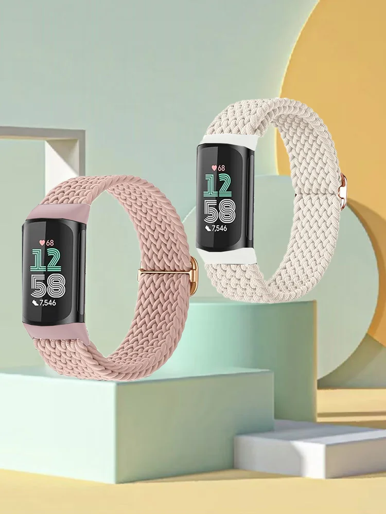 2 Stuks Sport Nylon Gevlochten Band Armbanden Rekbaar Voor Fitbit Charge 5/6 Elastische Band Lus Voor Fitbit Versa 3/4 Smart horloge