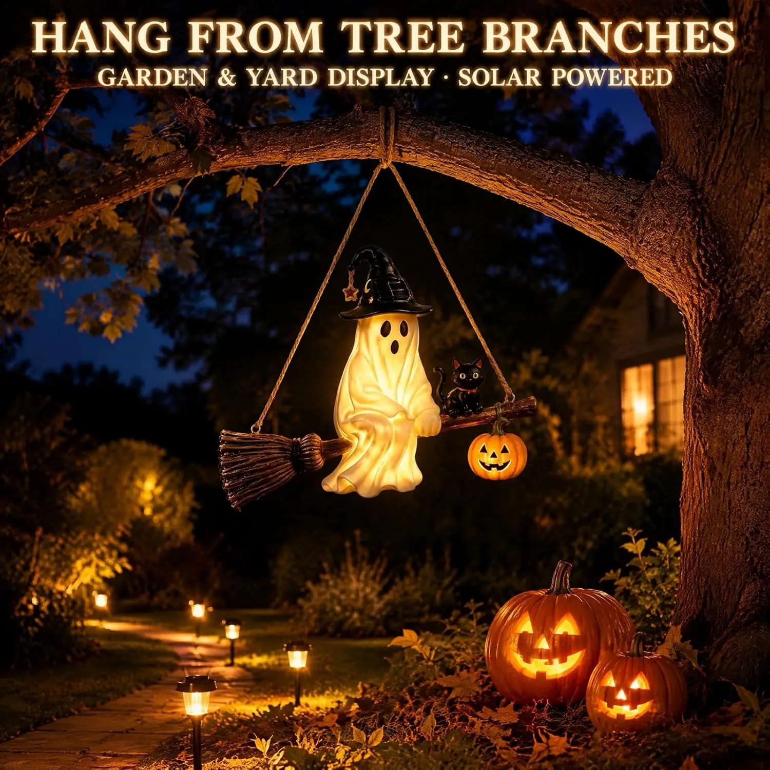 Solar Ghost Chandelier Halloween Lantern Resin Decoration with Witch Broom Cat Pumpkin Warm Light for Porch Patio Garden Yard