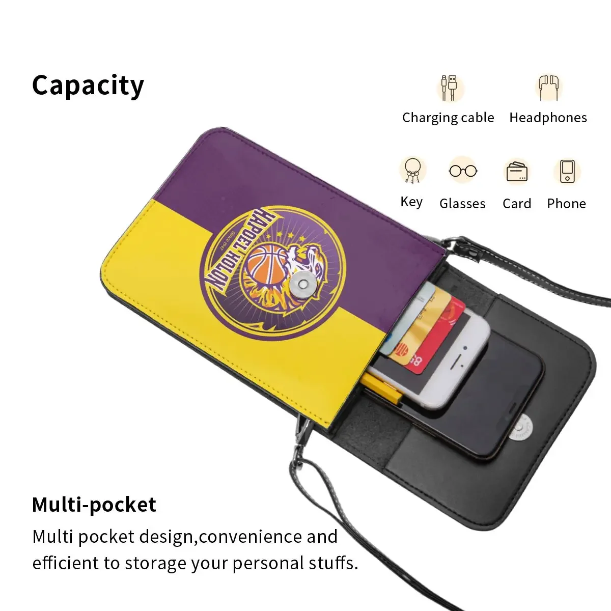 Hapoel Holon Carteira crossbody de basquete Bolsa para celular Bolsa de ombro Bolsa para celular Alça ajustável