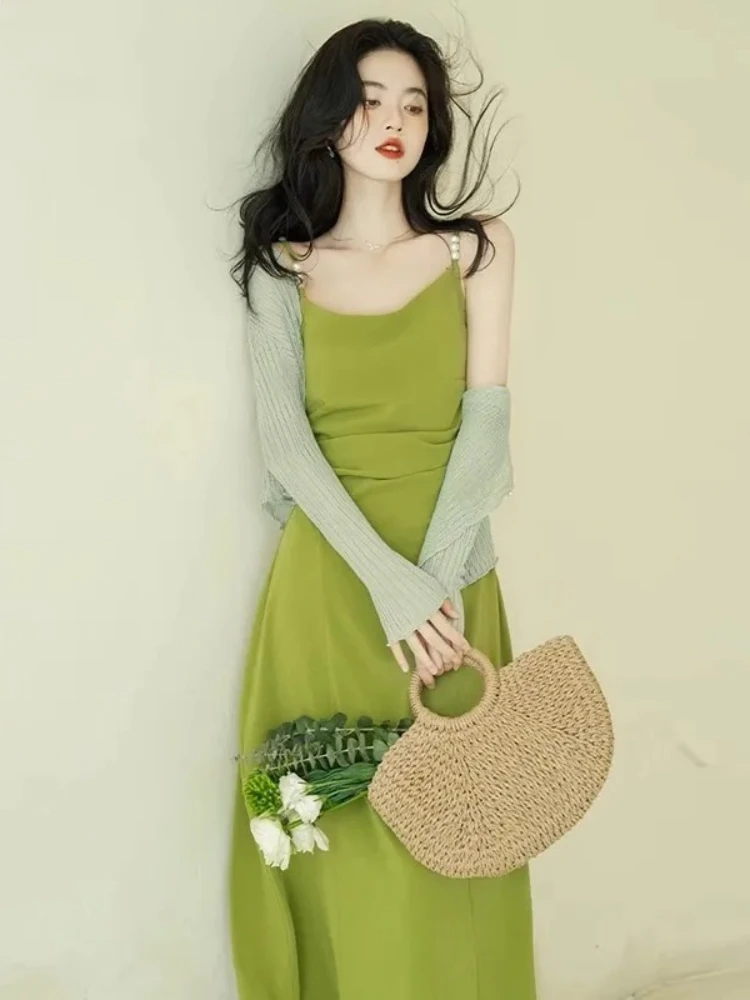 ผู้หญิงสีเขียว A-Line Dress Vintage Elegant แขนกุดปรับสายรัดฤดูร้อนคนดังวันหยุดเอวสูงแฟชั่น