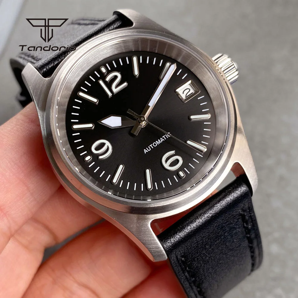 Tandorio 36mm Pilot nh35 Tauch Herren automatische Taucher uhr Datum 20atm mechanische Stahl Armbanduhr für Dame Leder schwarz Zifferblatt Lume