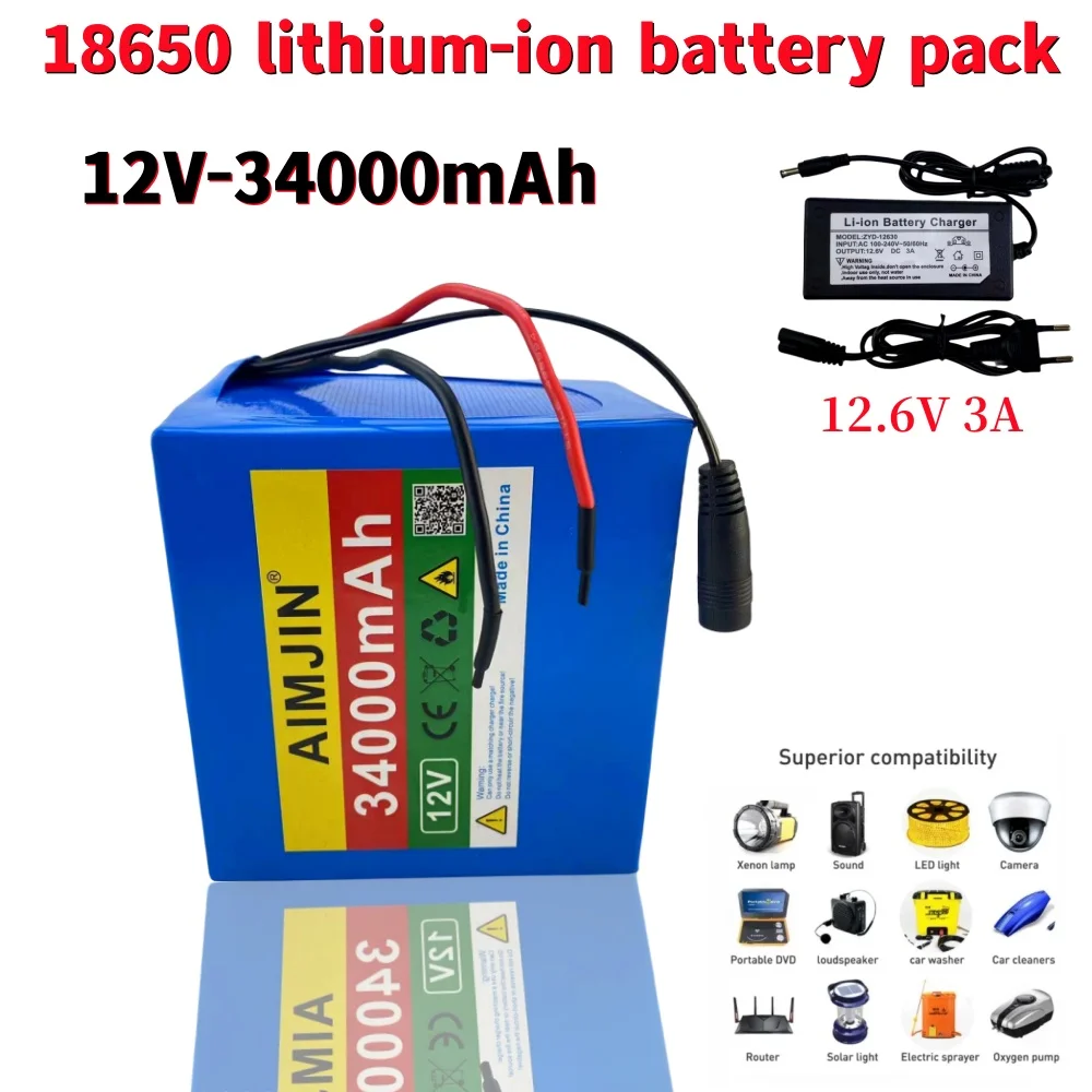 

New 3S12P 12V 34Ah 34000mAh LED Light Backup Rechargeable Lithium-ion Battery Pack+12.6V 3A Charger