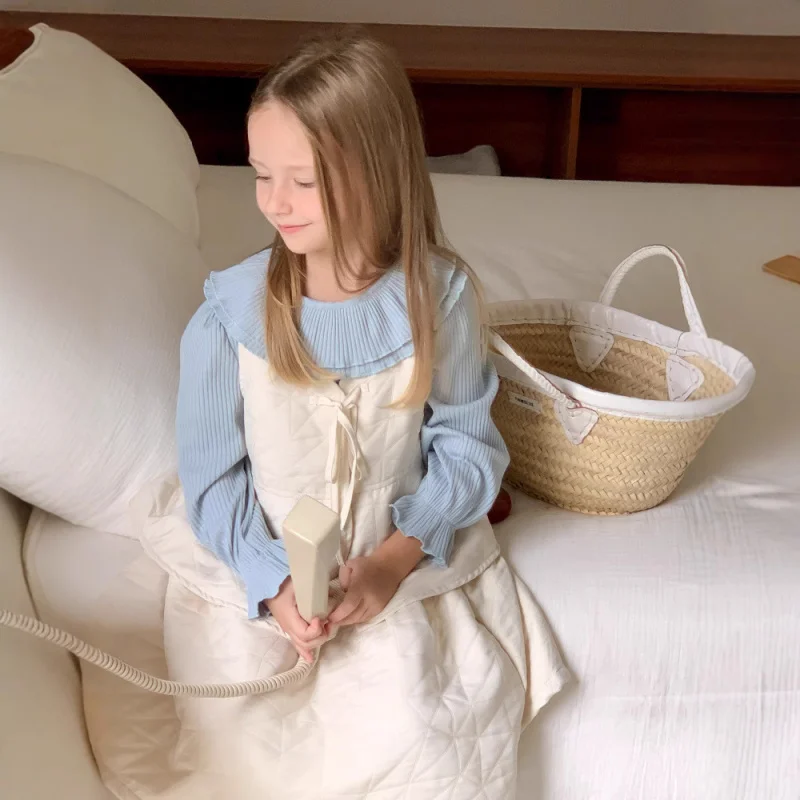 

Korean Children's Clothing Autumn Outfit for Girls Ruffled Knitted Top Children's Quilted Vest and Skirt Two-Piece Set