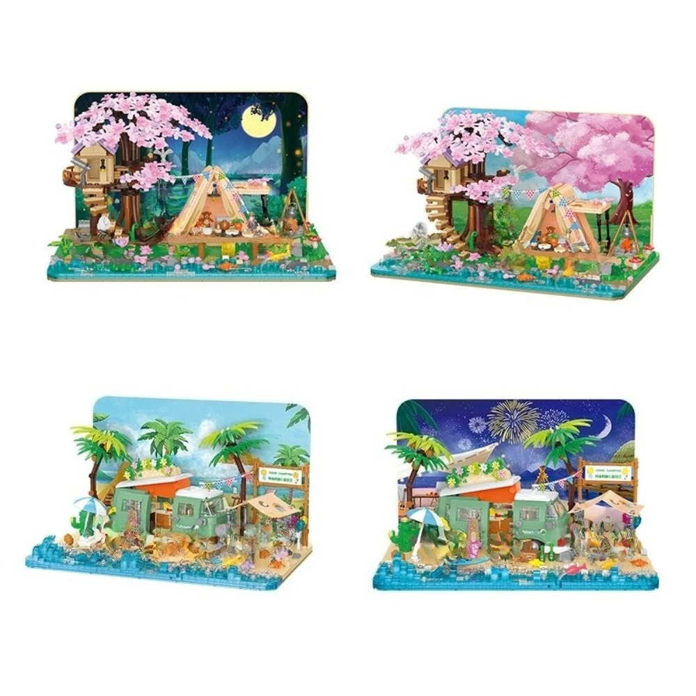 MOC التخييم شاطئ البحر عطلة اللبنات مجموعة شاطئ البرية فيلا شجرة البيت مع ضوء لتقوم بها بنفسك لعب للأطفال هدية عيد #3