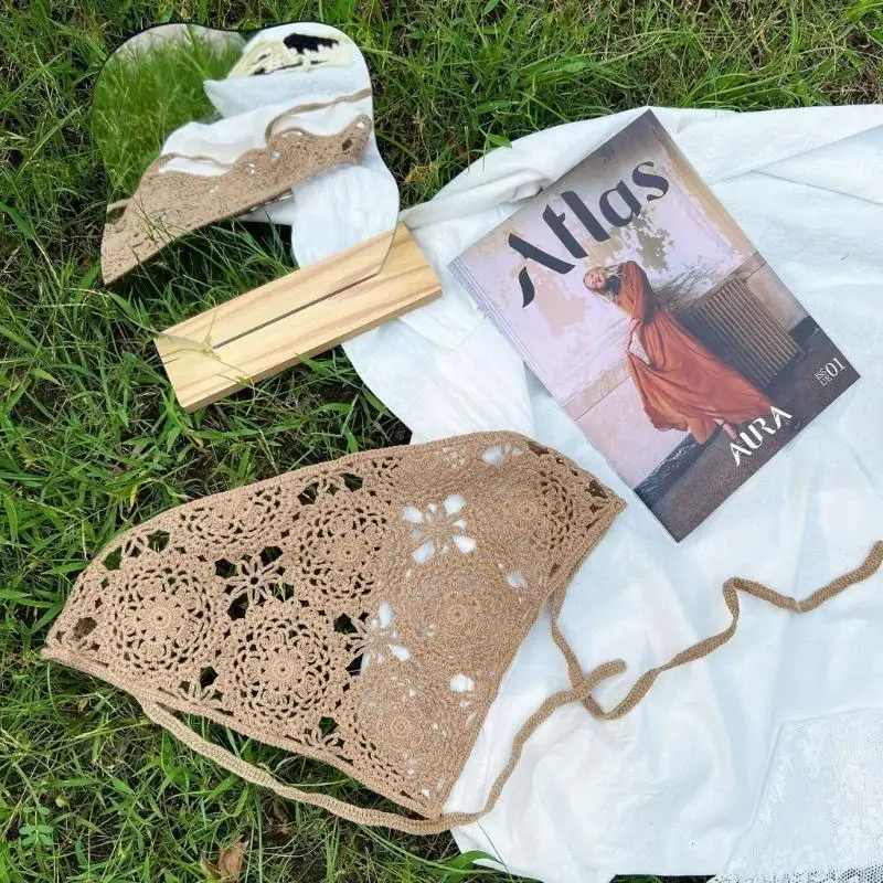 

39BB вязанная крючком бандана, платок для головы, шарф для волос, вязаная повязка на голову, завязка на спине, цветочная бандана