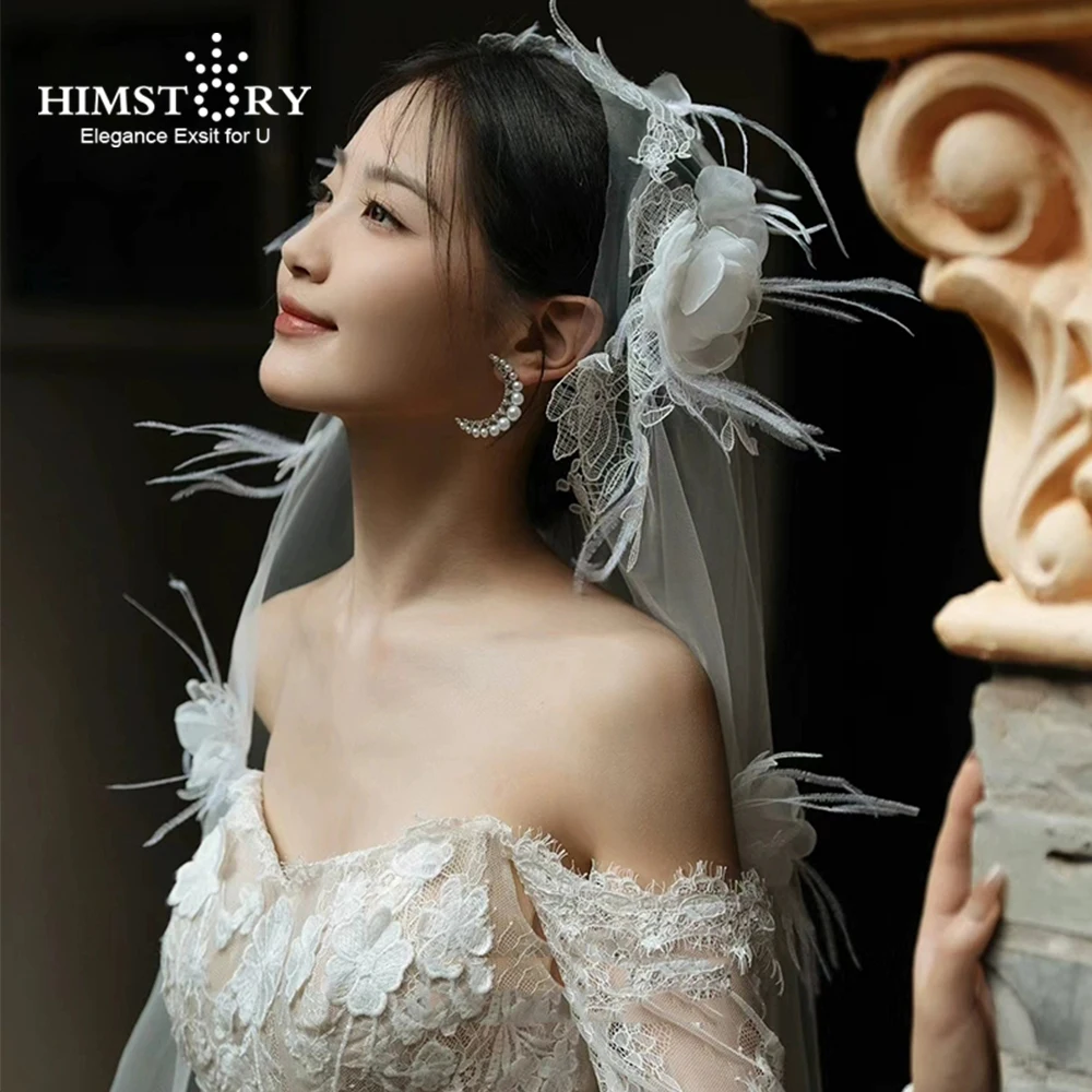 himstory-新スタイルパーソナライズされたフェザーベールロングブライダルウェディングアクセサリー韓国スーパー妖精写真撮影ヘアウェア