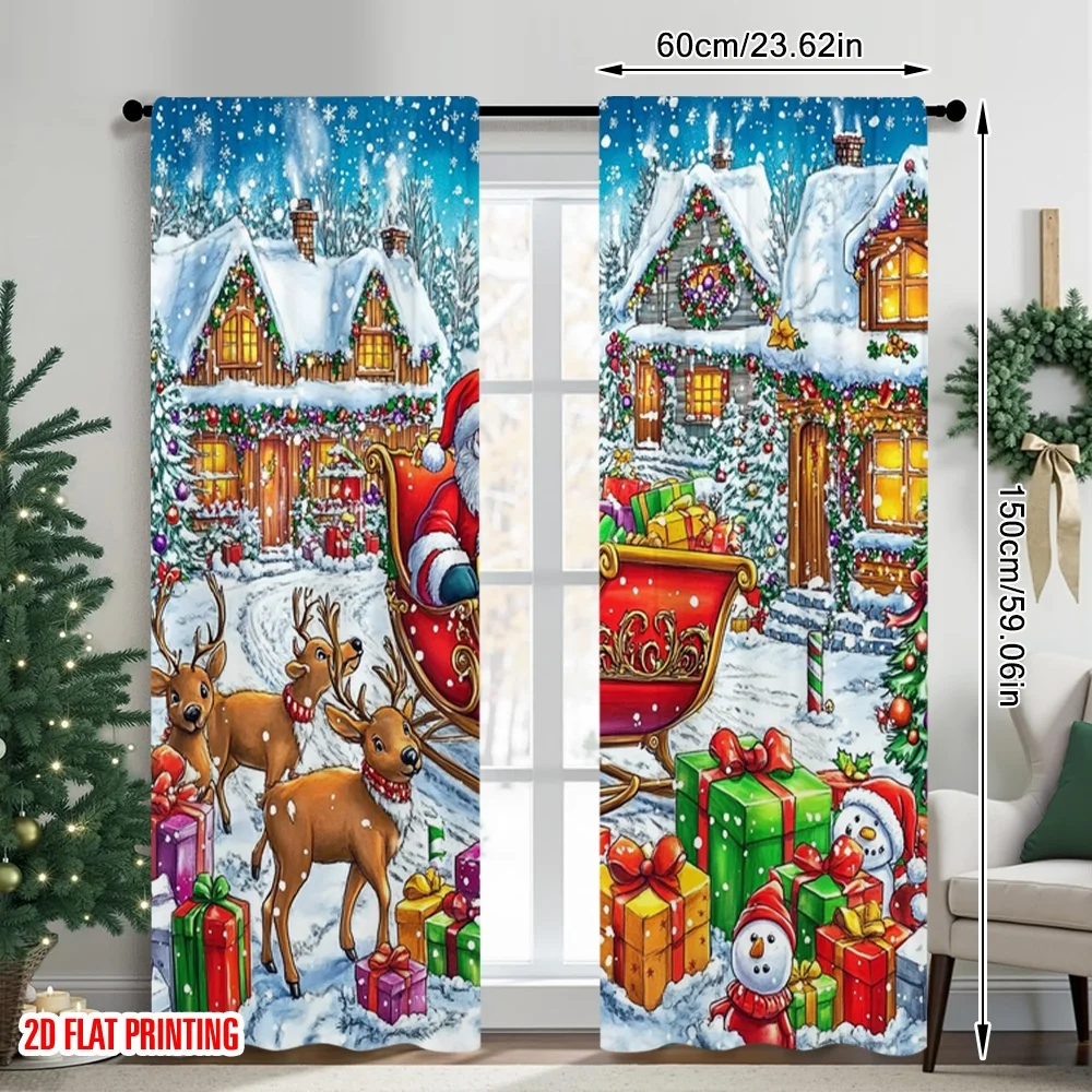 2pcs 2D flat printing Merry Christmas Trendy Curtains Holiday Santa Claus and Reindeer Christmas Scene Digital Printed Polyester