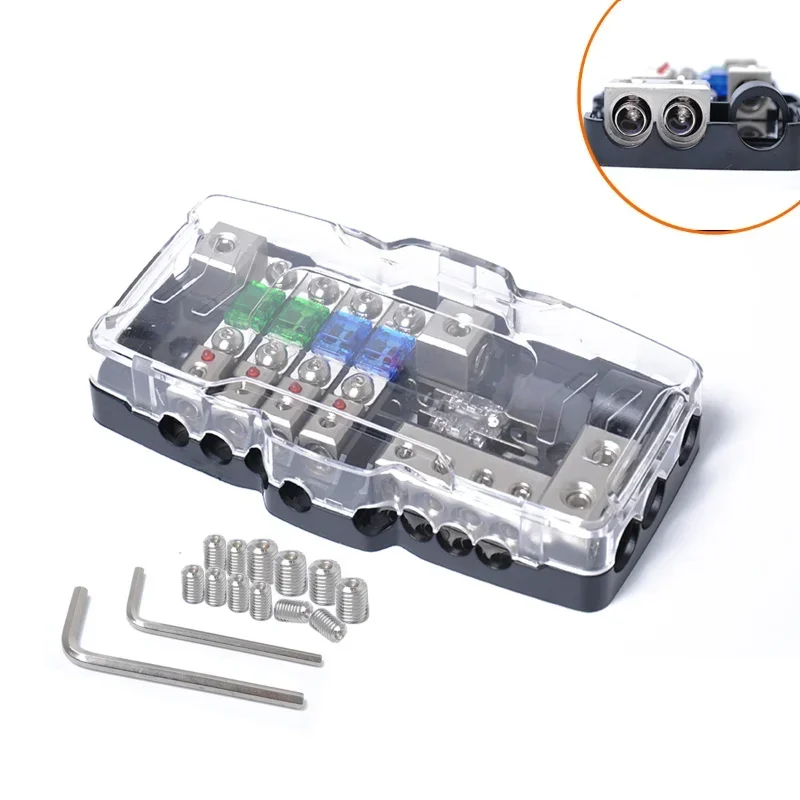 Blocco fusibili multifunzione con luce LED (distribuzione batteria 2 ingressi 4 uscite, fusibile a 4 vie 30 A / 60 A + 2 fusibili di ricambio 80 A)