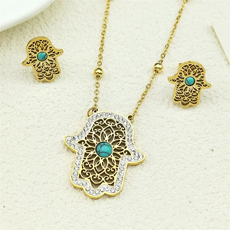 

Fatim's Hand Lotus Flower Pendant Necklace Earrings For Women Men Stainless Steel Gold Color Rhinestone Classic Female Jewelry