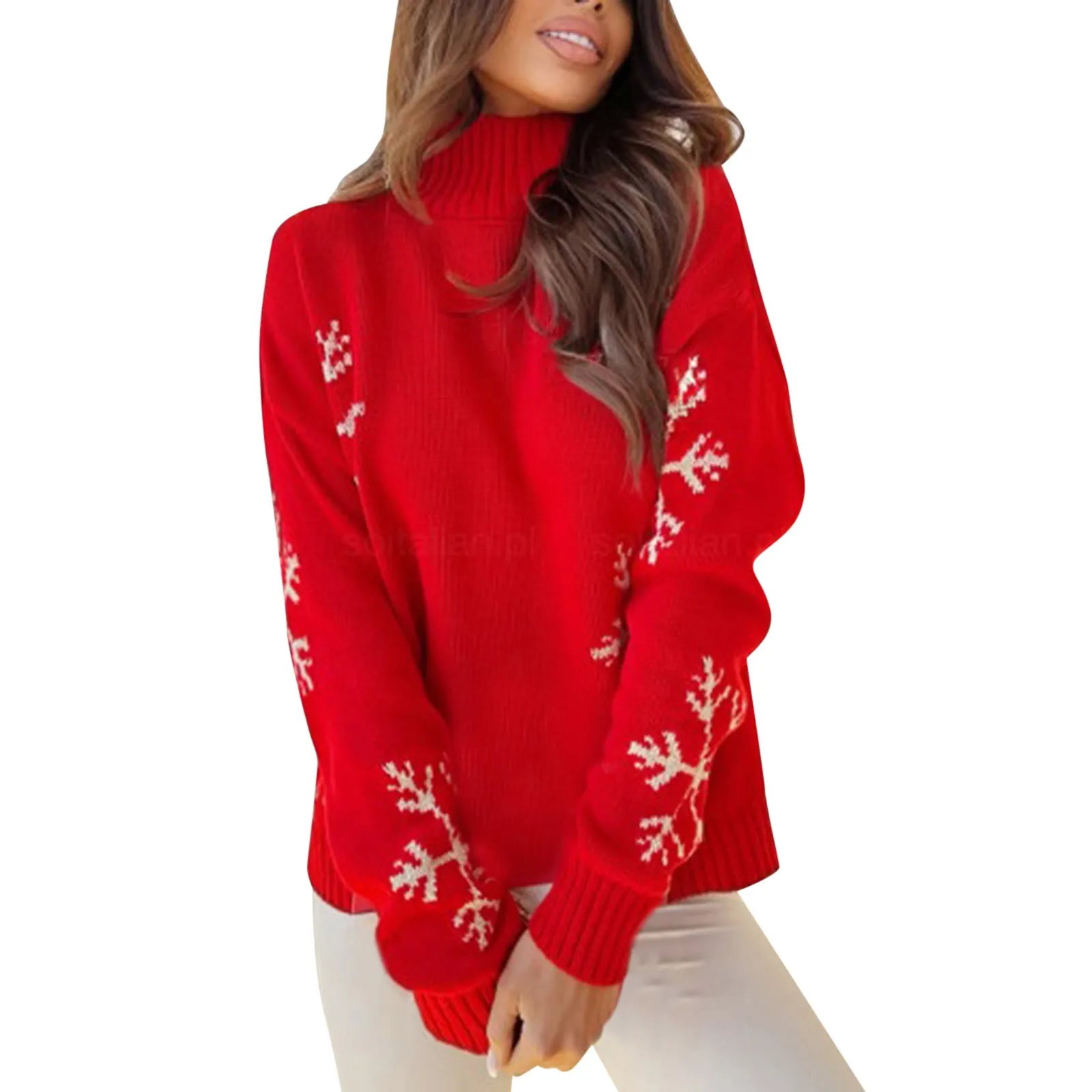 Women Christmas Red Sweater Snowflake Print Casual Loose Knitted Pullover Long Sleeve Turtleneck Sweaters For Xmas New Year