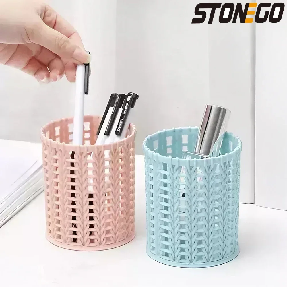 STONEGO hollow rattan desktop storage box round storage tube creative simple pen holder suitable for pens and small accessories