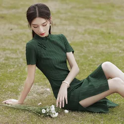 2024 Summer Retro Improved Cheongsam New Green Literature Art Chinese Traditional Qipao Dress Young Girl Elegant High-end