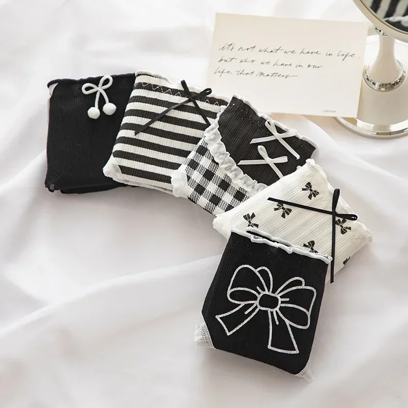 Calcinha de algodão de cintura baixa lolita para mulheres, cuecas sexy com renda, roupa íntima com arco kawaii para menina, empregada respirável, estilo japonês, modal