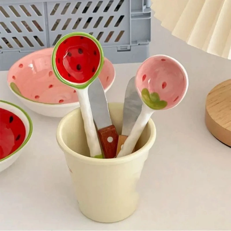 2 Set Of Cereal Bowl Cereal Killer Spoon Ceramic Spoons Ramen Soup Spoons With Handle Fruit Pattern Serving Spoon image 2