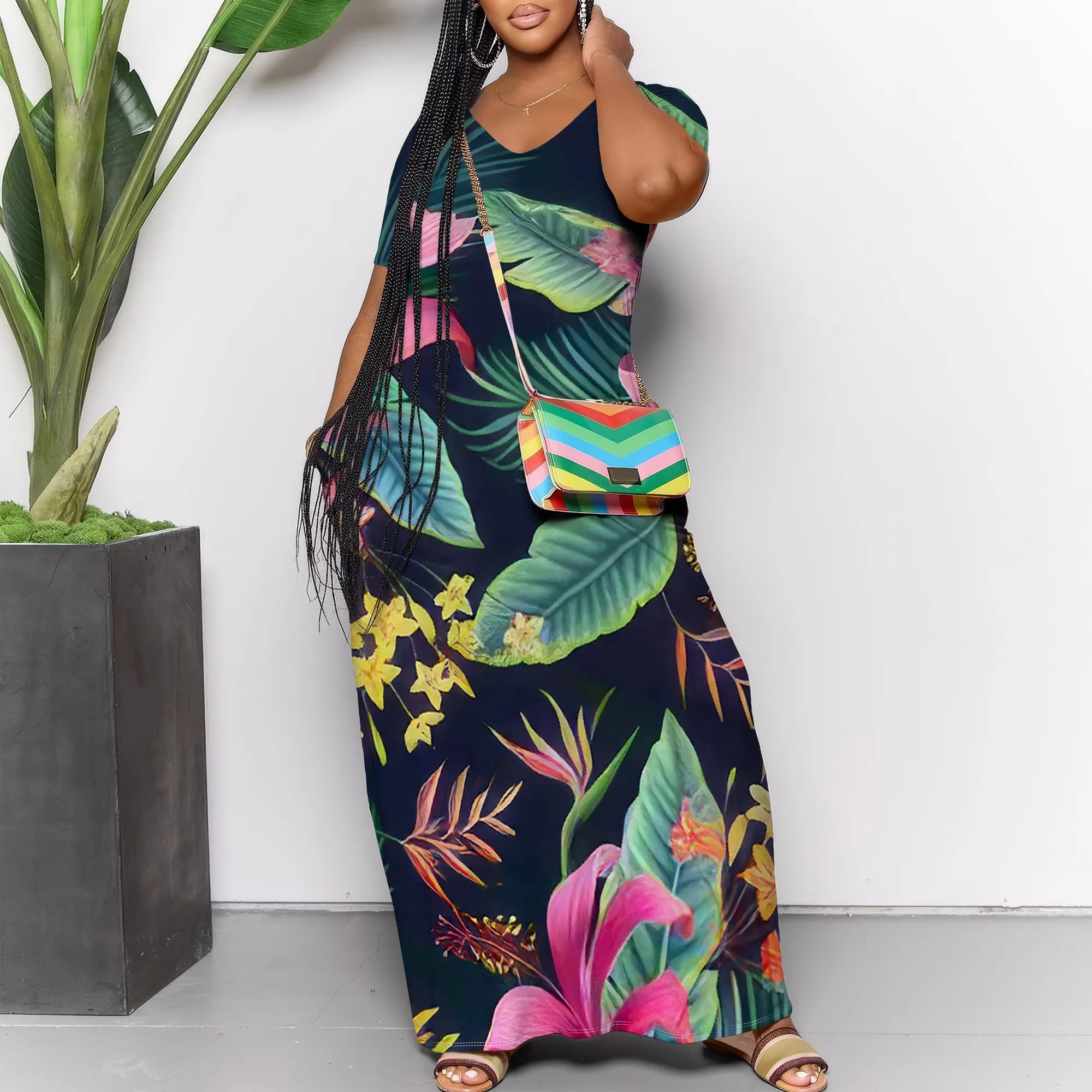 

Women's Navy Striped Short-Sleeve V-Neck Loose Printed Maxi Dress Polyester Casual Summer Vibrant