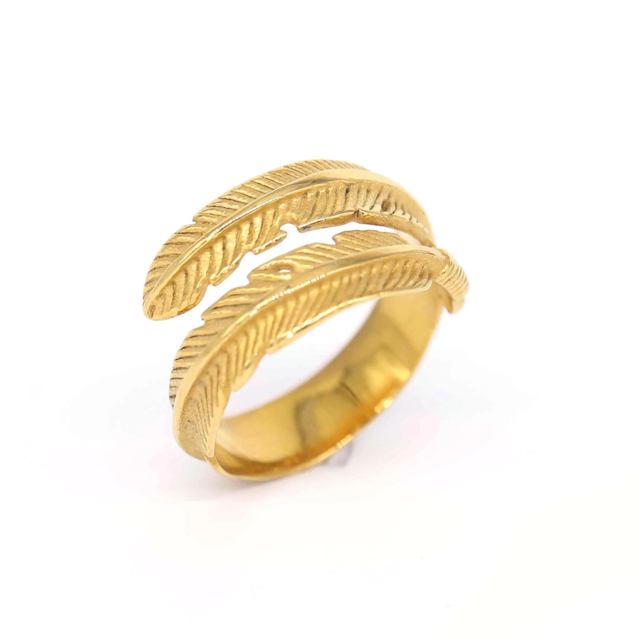 

Support Custom Fashion Jewelry Stainless Steel Adjustable Gold Plated Ring Feather Ring