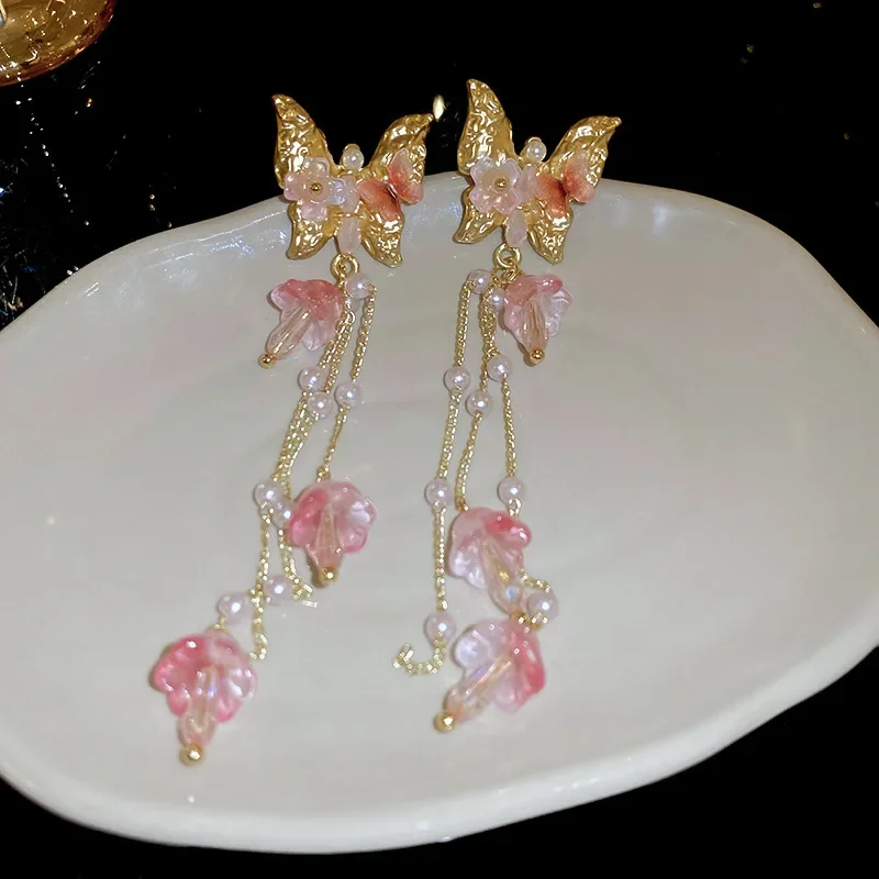 Butterfly Flower Crystal Tassel Earrings for Women Korea Sweety Long Drop Earring Fashion Temperament Luxury Designer Jewelry