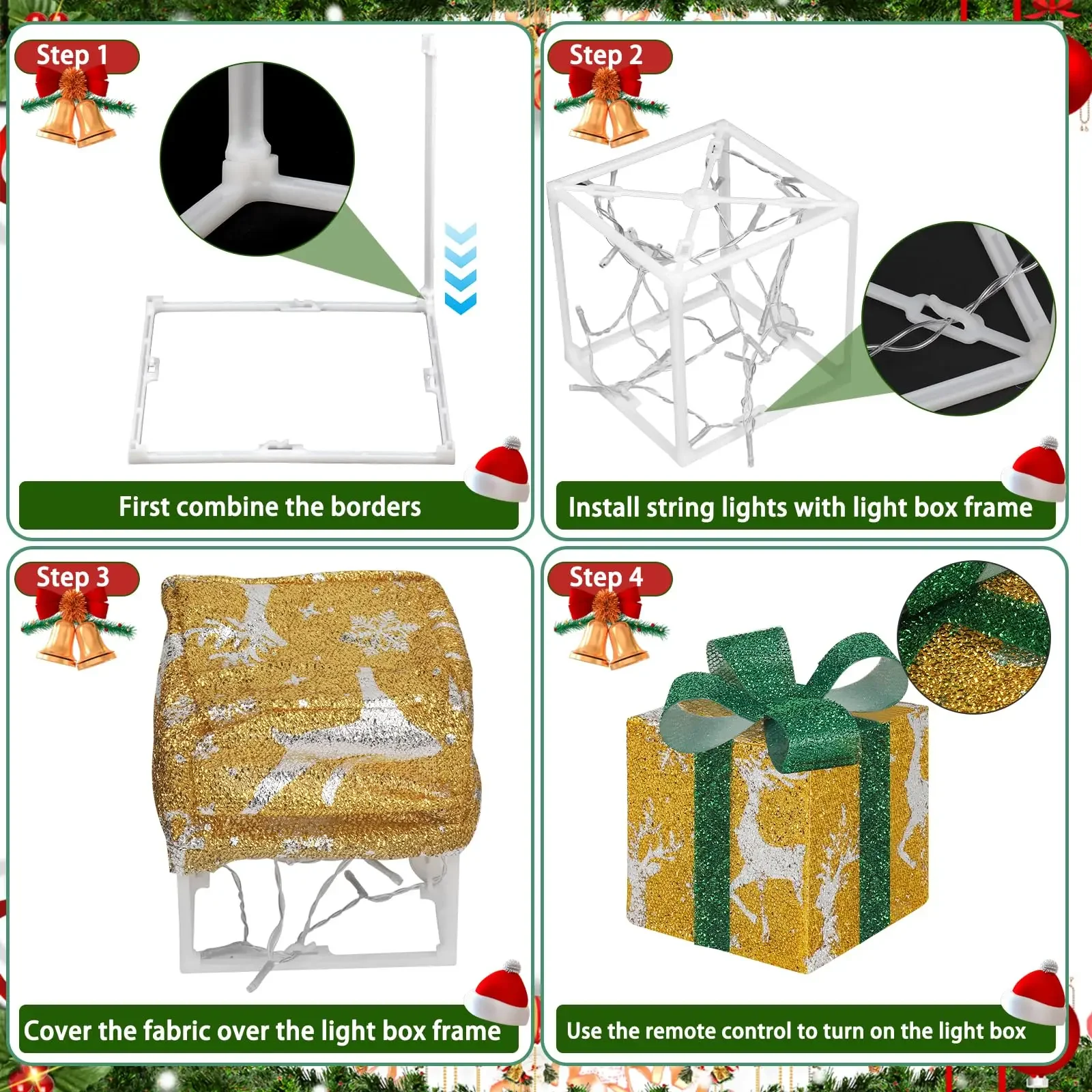 Conjunto de 3 luzes de natal para presente, decorações de natal iluminadas dobráveis, caixas de natal iluminadas para varanda interna, gramado, decoração de casa