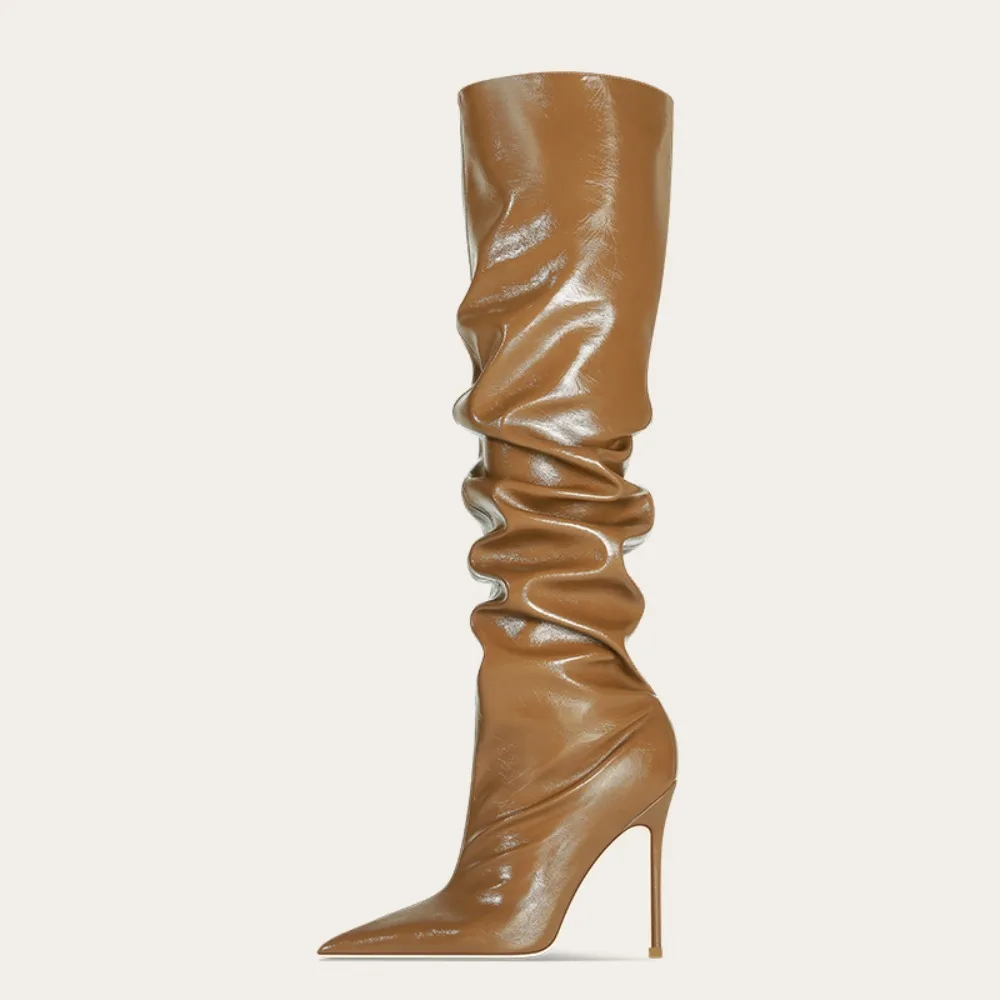 

Brown Pointed Toe Knee High Boots Women Stacked Folded Stiletto Heel Fashionable Boots