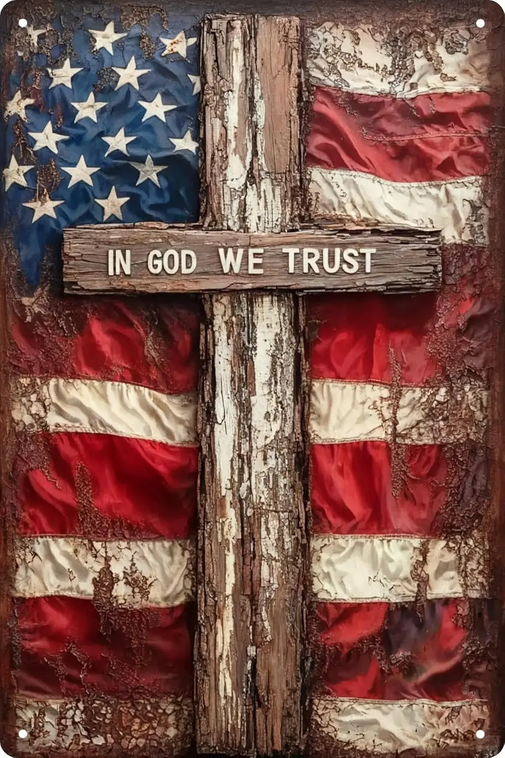 In God We Trust Patriotic American Flag & Cross Sign  in Vintage Christian Wall Decor for Home Church Garage Office Inspirat